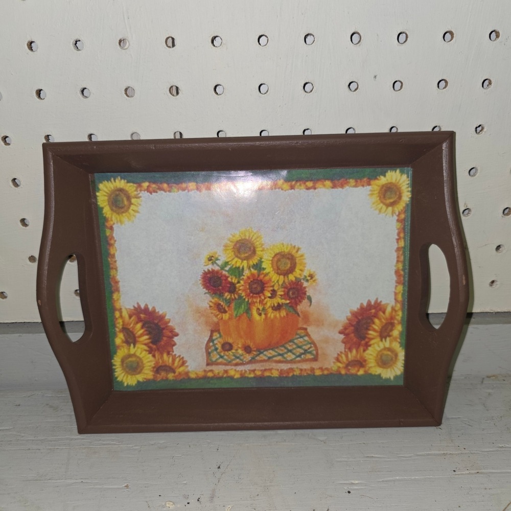 Vintage Autumn Sunflower Pumpkin Wooden Serving Tray Brown Harvest Decor Handle